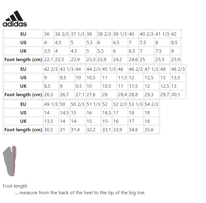 adidas sneakers size guide